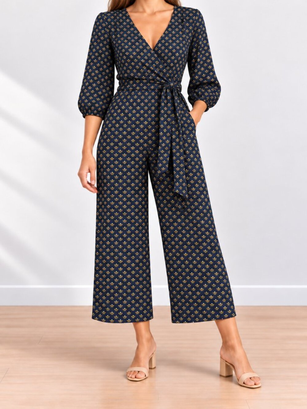 Gap Printed Wrap Wide-Leg Jumpsuit | Navy Blue | Size 4